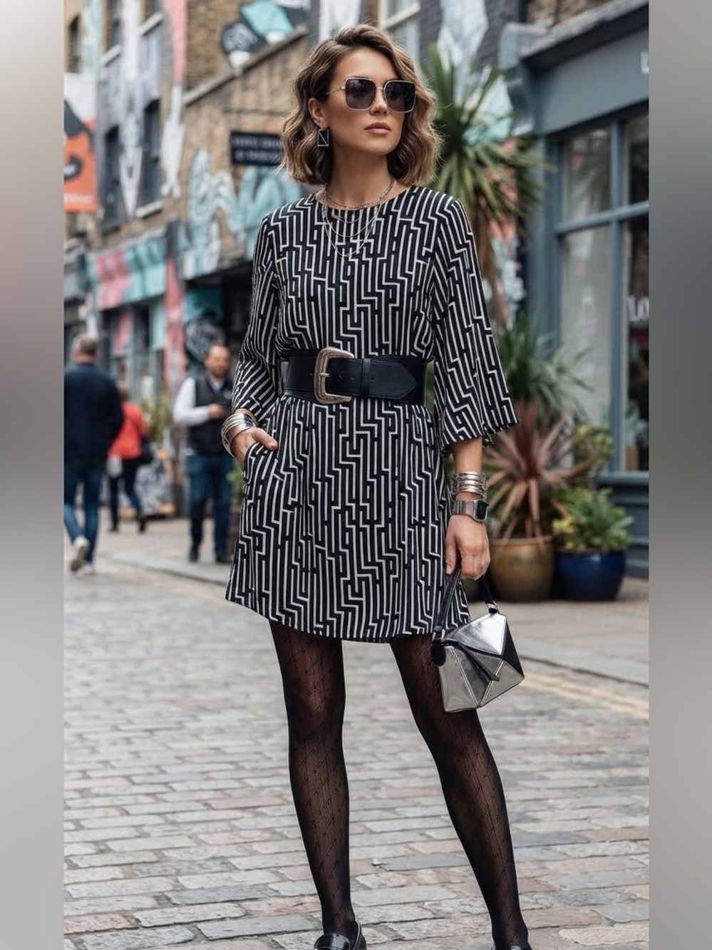GP & J Baker X H&M Black & Ivory Geometric Print Dress size 4